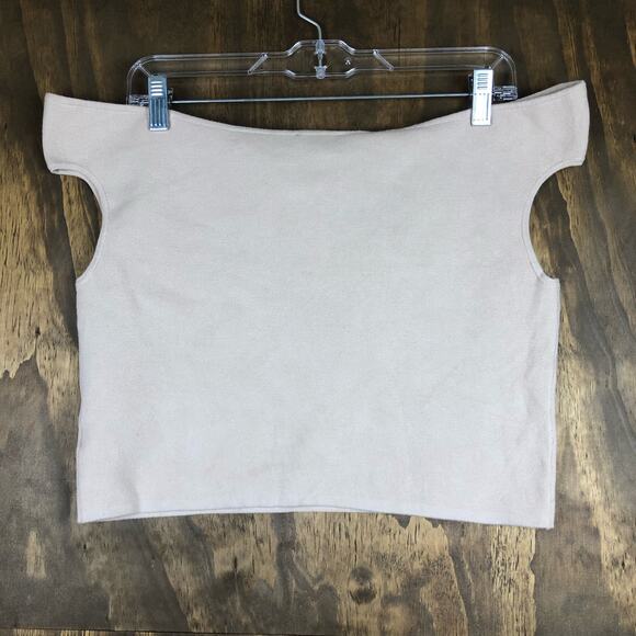 Express Womens Shirt Tan Off Shoulder Crop Top Minimalist Stretch Large - Picture 8 of 9